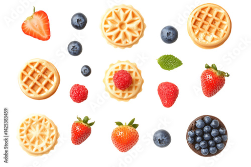 Overhead View of Waffles and Assorted Berries on Transparent Background, PNG