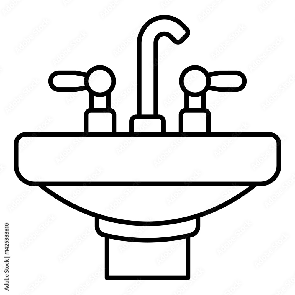 Sink with faucet tap thin line icon, house interior concept. Vector graphics. Washbasin sign on white background, linear style for mobile or design. Sink with faucet tap thin line icon, house interior concept. Vector graphics. Washbasin sign on white background, linear style for mobile or design.