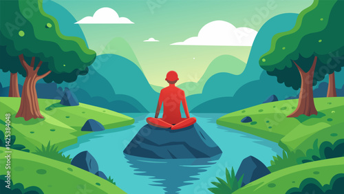 A lone figure in meditation standing foot on a mossy rock in the middle of a babbling brook in the park..