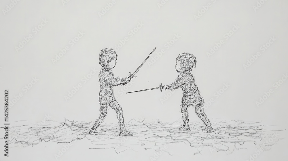 Obraz premium Two children, dressed in historical armor, engage in a stylized sword fight.