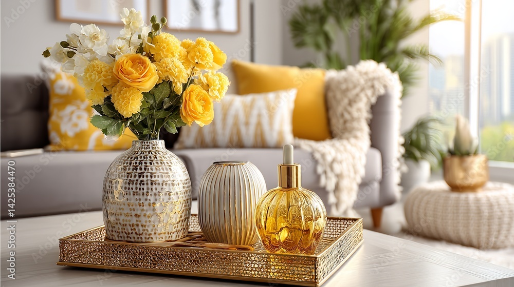 Gold Tray with Decorative Plants and Vases on White Table – Closeup of Modern Living Room Decor with Yellow Flowers Gold Tray with Decorative Plants and Vases on White Table – Closeup of Modern Living Room Decor with Yellow Flowers