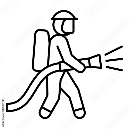 Firefighter with water hose thin line icon, human rescue concept. Vector graphics. Man fights with fire, rescuer sign on white background, linear style for mobile or design.