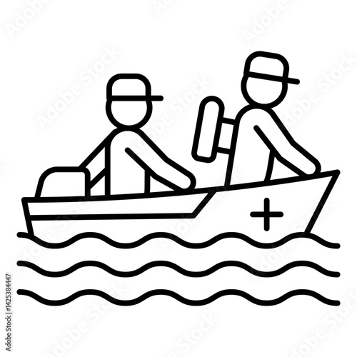 Motorboat with lifeguard team thin line icon, human rescue concept. Vector graphics. Boat with rescuers, paramedics sign on white background, linear style for mobile or design.