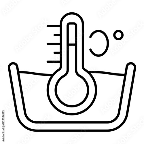 Water basin with thermometer thin line icon, laundry service concept. Vector graphics. Thermometer, manual washing sign on white background, linear style for mobile or design.