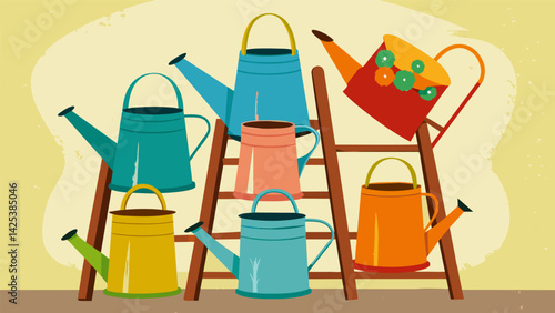 A collection of retro watering cans sit atop a rustic ladder ready to add a touch of nostalgia to any garden.. Vector illustration