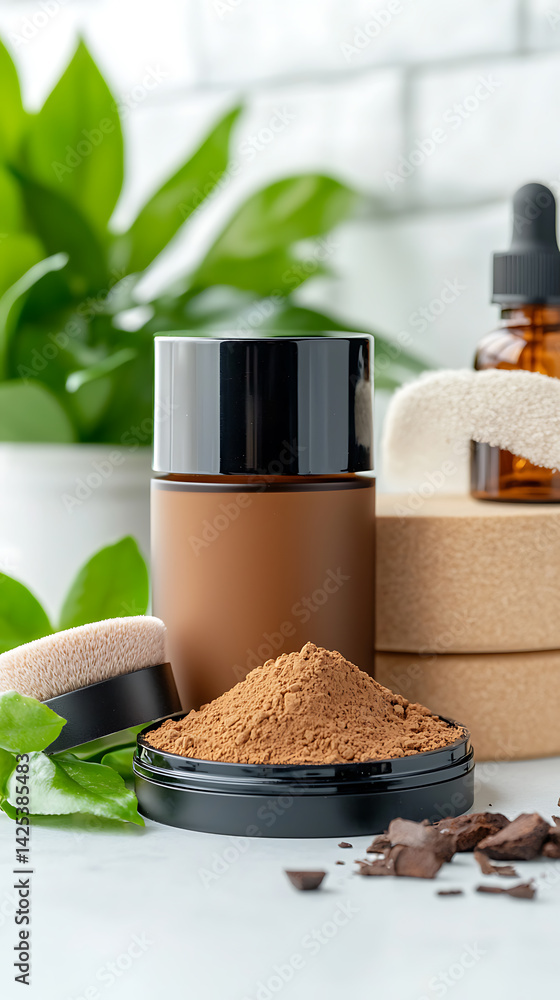 Makeup essentials display foundation bottles and compact powders on a vibrant plant background product photography bright and natural setting Makeup essentials display foundation bottles and compact powders on a vibrant plant background product photography bright and natural setting