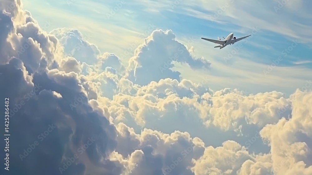 Naklejka premium High-flying plane above fluffy clouds on a bright day.