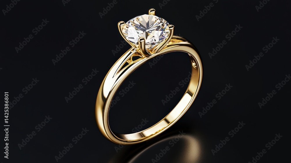A stunning solitaire diamond engagement with a classic four-prong setting gleams on a polished gold band against a deep black background showcasing its exquisite brilliance A stunning solitaire diamond engagement with a classic four-prong setting gleams on a polished gold band against a deep black background showcasing its exquisite brilliance