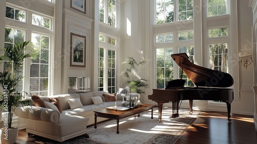 Fototapeta Naklejka Na Ścianę i Meble -  Elegant living space featuring grand piano bathed in natural light streaming through windows