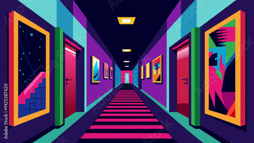 A hallway adorned with colorful concert posters leads to a nook playing 80s new wave. Vector illustration