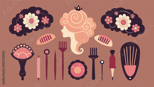 A display of vintage hair accessories such as elegant hair combs and ornate hairpins juxtaposed with their modern equivalents of hair clips and. Vector illustration