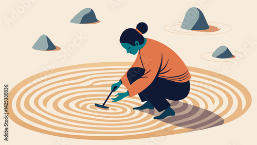 A person crouched down in a Zen garden admiring the intricate patterns they have created in the sand with their rake..