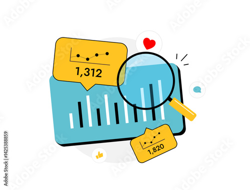 Social media analytics dashboard for tracking performance, monitoring trends and user journey analysis. Insightful metrics from smm tools and reports in one place. Vector illustration and icons