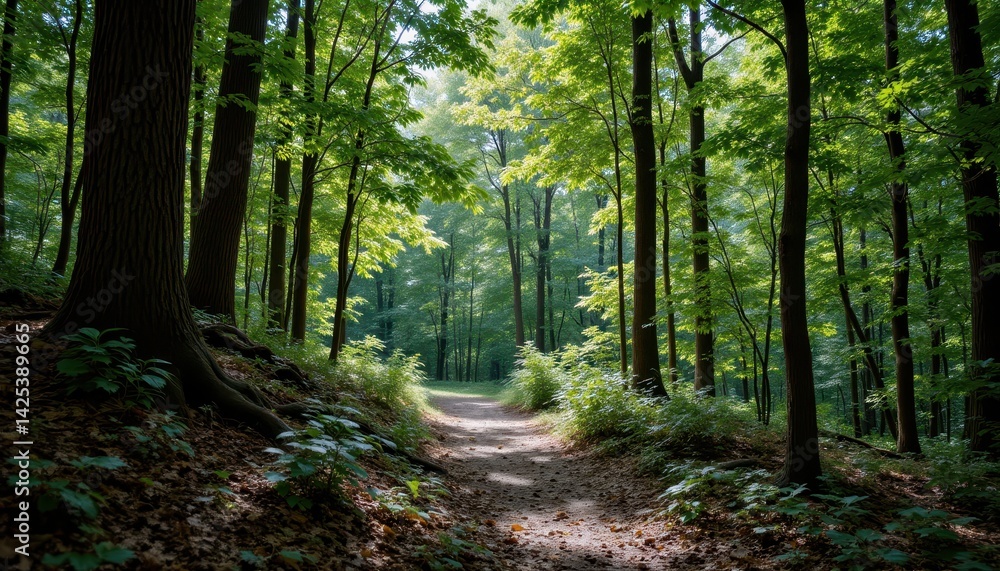 Fototapeta premium Forest trail with AR overlay showing botanical data and environmental statistics, blending nature with technology