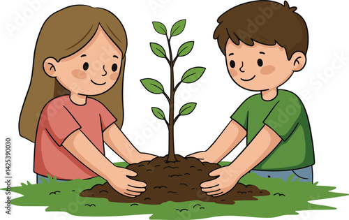 A boy and a girl are planting trees together on World Tree Day.