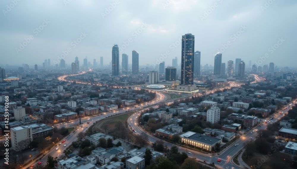 Fototapeta premium Modern cityscape running on clean energy, showing a contrast with old fossil fuel infrastructure fading out