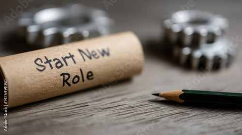 Start new role with gears and pencil, symbolizing new beginnings and opportunities in professional setting
