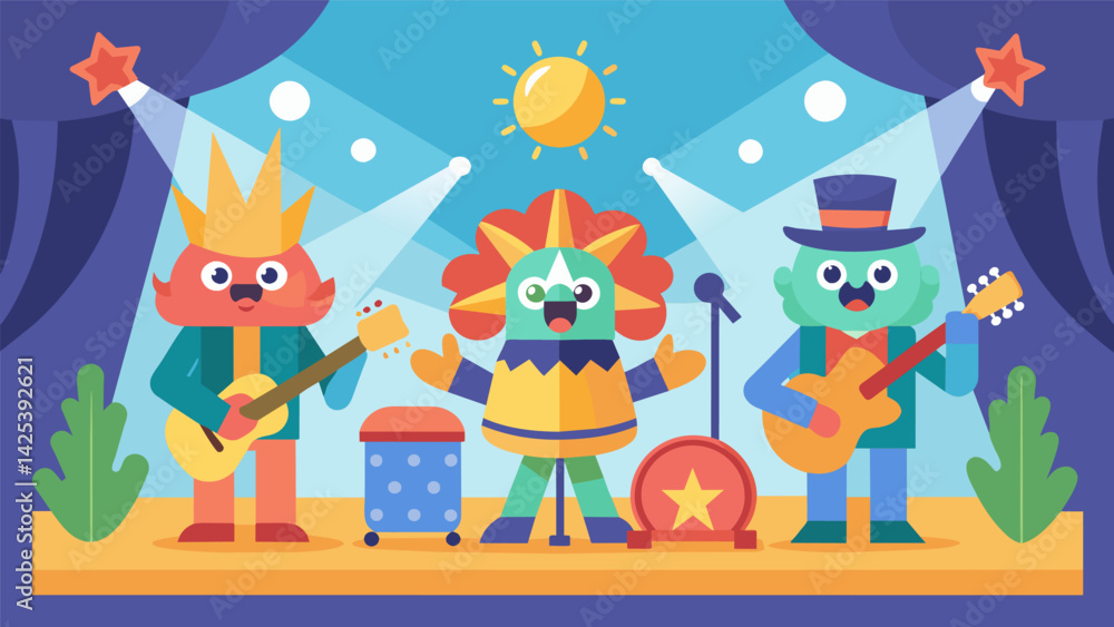 A playful card with a cartoon band playing on stage inviting customers to come back for more great live performances. Vector illustration A playful card with a cartoon band playing on stage inviting customers to come back for more great live performances. Vector illustration
