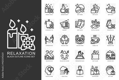 Relaxation black outline icons set. contain candle, tea, blanket, hammock, mountain, sound, socks, healing, incense stick, rain and more. use for modern concept, web and app development. Vector EPS 10