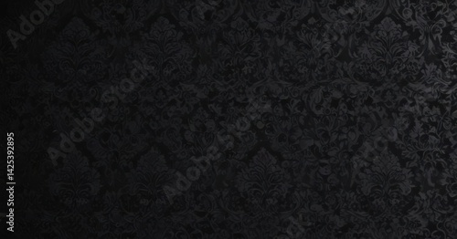 Deep black gothic damask, seamless floral wallpaper,  intricate,  graphics,  illustration