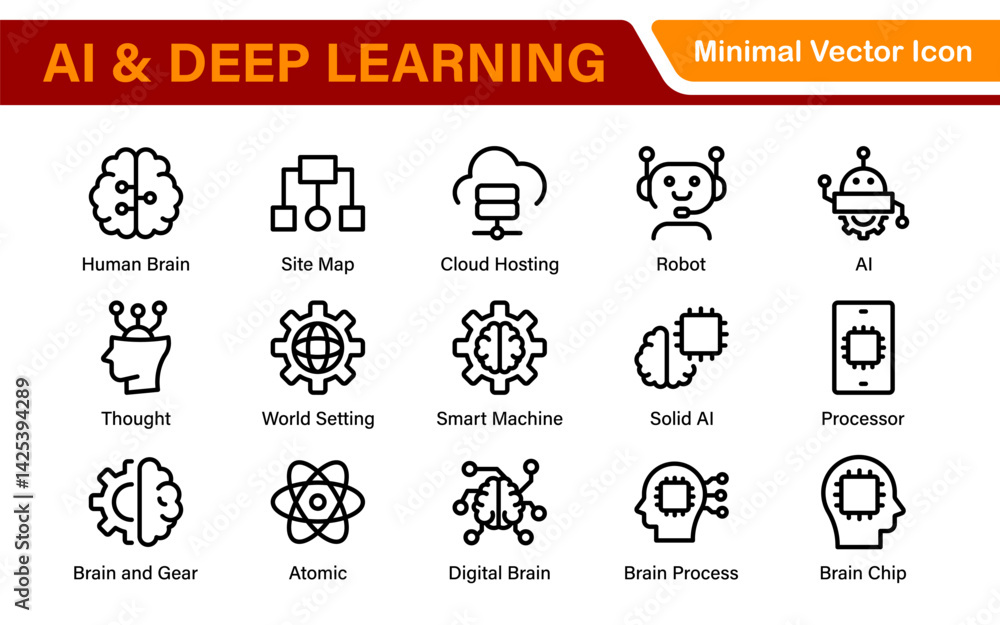 Fototapeta premium Artificial Intelligence Machine Learning Icons - AI, Neural Network, Deep Learning, Data Science, Algorithm - Vector, Outline, Line, Illustration, Minimal