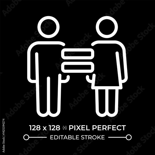 Right to equality pixel perfect white line icon in negative space. Equal opportunities and freedoms genders. Law regulation authority. Monochrome linear symbol on black background. Editable stroke