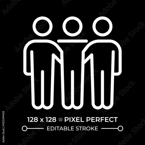 Right of peaceful assembly pixel perfect white line icon in negative space. Freedom of individuals and groups to meet for common purposes. Monochrome linear symbol on black background. Editable stroke