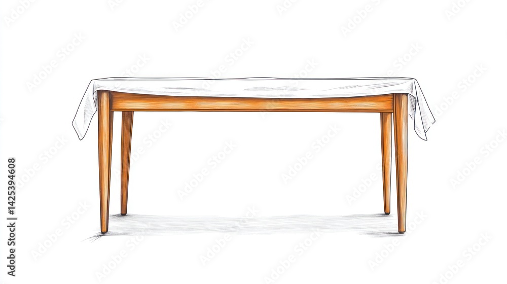 Simple wooden table with white tablecloth, isolated, illustration Simple wooden table with white tablecloth, isolated, illustration