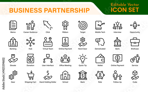 Stakeholder outline icons set. Business, teamwork, trade unions, suppliers, government, customers, creditors, community, investors and partners.