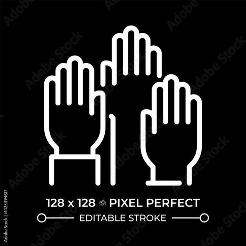 Right to participate in government and in free elections pixel perfect white line icon in negative space. Voters raised hands group. Monochrome linear symbol on black background. Editable stroke
