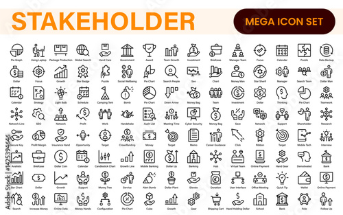 Stakeholder outline icons set. Business, teamwork, trade unions, suppliers, government, customers, creditors, community, investors and partners.