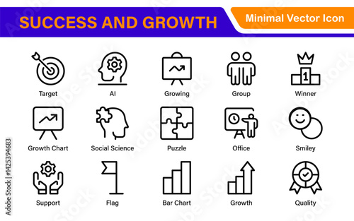 Growth and Success modern outline style icons set. Successful business development, plan and process symbol illustration.