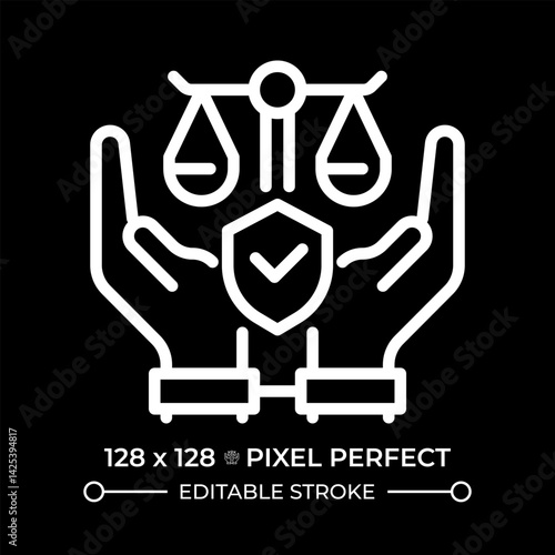 Freedom from arbitrary arrest and exile pixel perfect white line icon in negative space. No unfair detainment. Human rights protection. Monochrome linear symbol on black background. Editable stroke