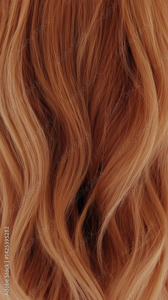 Naklejka premium Wavy strands of red hair with blonde highlights create vibrant and textured appearance, showcasing rich blend of colors and natural movement