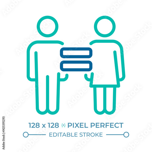 Right to equality pixel perfect two color line icon. Equal opportunities and freedoms genders. Law regulation bicolor outline symbol. Duotone linear pictogram. Isolated illustration. Editable stroke