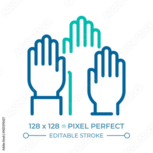 Right to participate in government and in free elections pixel perfect two color line icon. Voters raised hands bicolor outline symbol. Duotone linear pictogram. Isolated illustration. Editable stroke