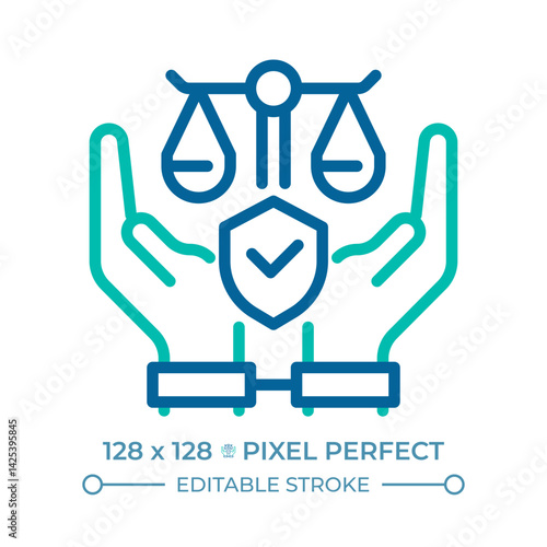 Freedom from arbitrary arrest and exile pixel perfect two color line icon. No unfair detainment. Human rights bicolor outline symbol. Duotone linear pictogram. Isolated illustration. Editable stroke