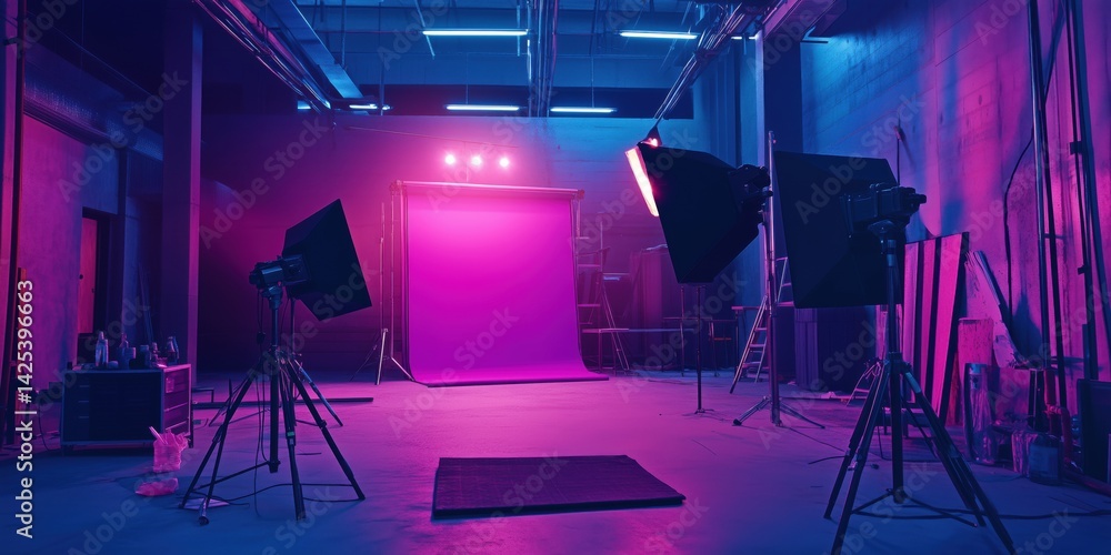 Photography studio with vibrant purple backdrop and professional lighting setup