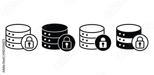 Database Security Icons Black and White Representations of Secured Data Storage Vector Design