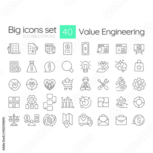 Value engineering line icons set. Statistical metrics. Economy, finance. Customer experience. Product quality. Isolated vector outline illustrations. Thin lineart iconset symbols. Editable stroke