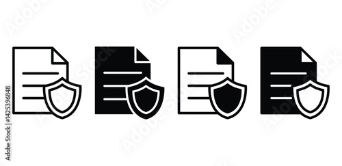 Secure File Icons Black and White Document Shield Set Vector Design