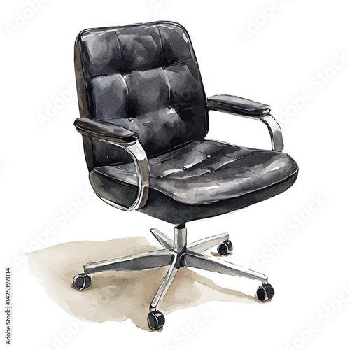 Black office chair with wheels and padding, watercolor illustration, isolated on a white background.

