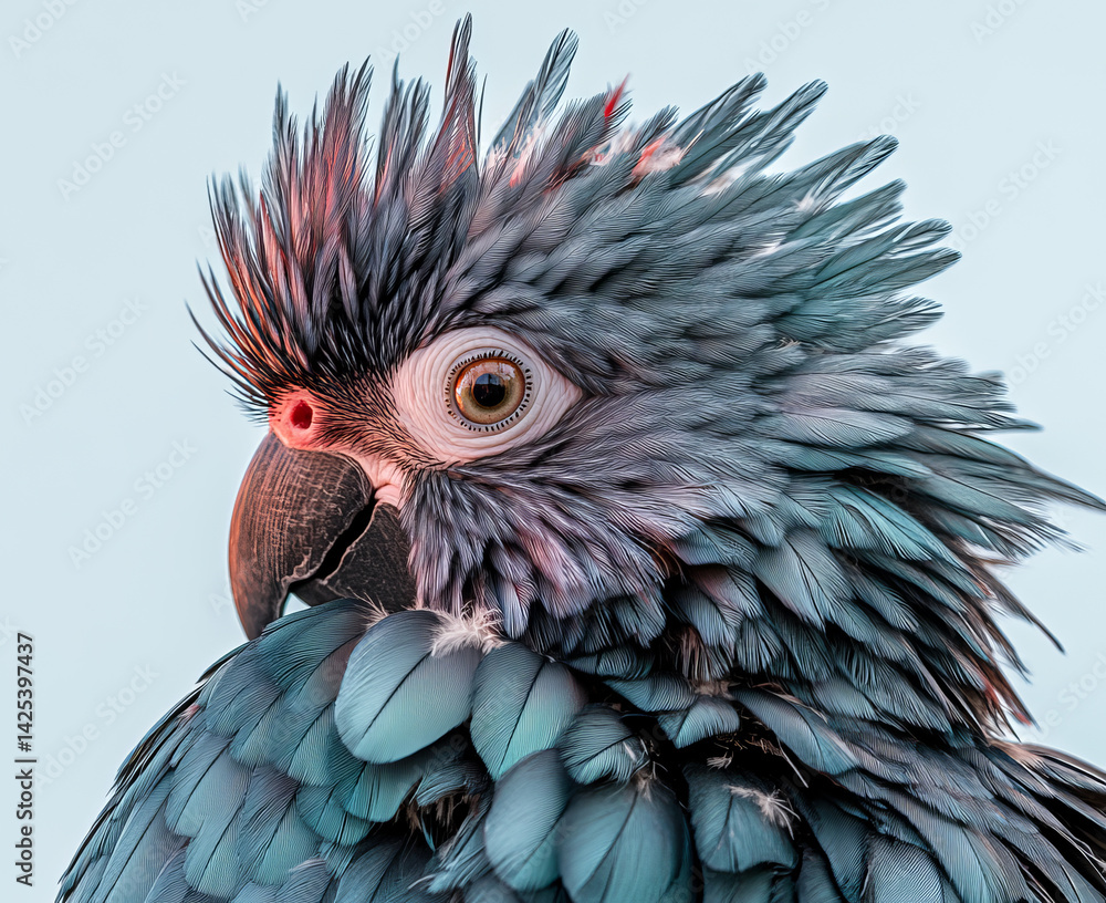 Fototapeta premium close up portrait of vibrant blue parrot with striking feathers and intense gaze, set against soft background. detailed plumage and expressive eye create captivating image
