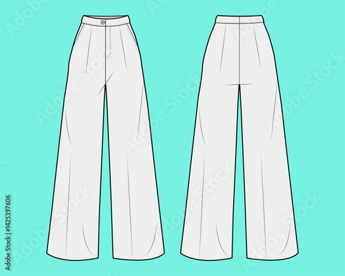 Ladies Wide leg pant fashion flat sketch outline CAD mockup template.