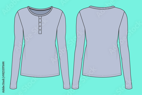 Ladies long sleeve Henley T-shirt flat sketch outline CAD mockup template.