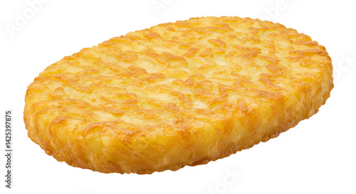 Golden Brown Hash Brown Patty on White Background, Crispy and Delicious