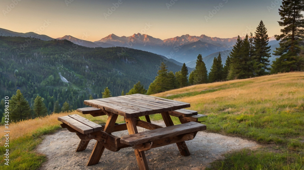 A wooden picnic table invites hikers to enjoy the stunning mountain views in the morning. A wooden picnic table invites hikers to enjoy the stunning mountain views in the morning.