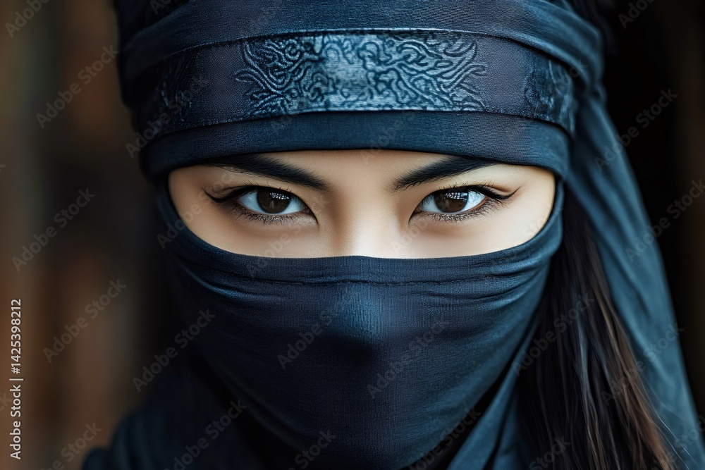 Naklejka premium Ninja woman wearing black mask and headscarf staring seriously