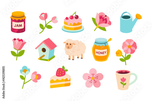 Cute spring-themed vector icons with flowers, sweets, honey, jam, a sheep, and garden elements. Flat cartoon-style design isolated on white background, perfect for seasonal designs.