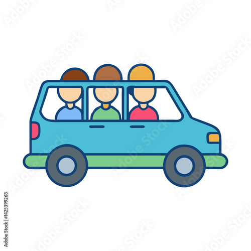 Cartoon car full of passengers on a trip